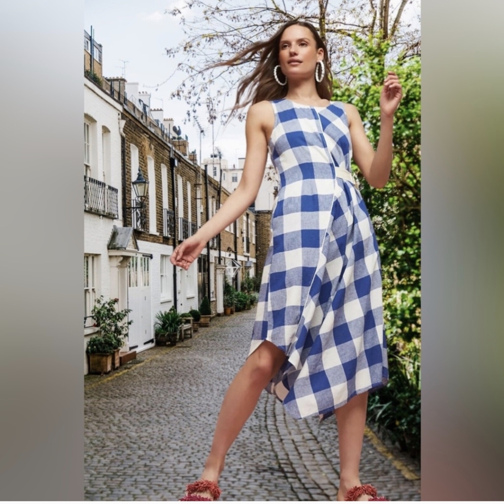 Maeve Blue and White Gingham Asymmetrical Midi Dress